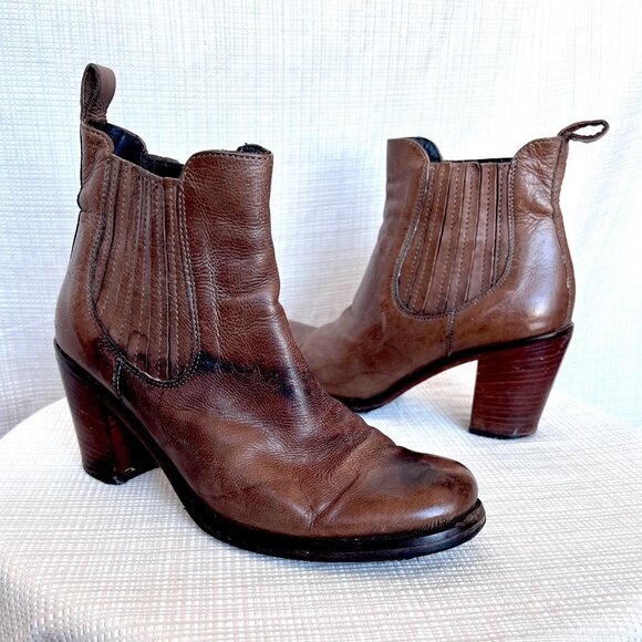 Vero Cuoio Leather Brown Chunky Heel Booties Distressed Make in Italy - Picture 5 of 14